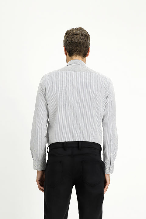 Koyu Lacivert Uzun Kol Slim Fit Dar Kesim Klasik Çizgili Pamuk Gömlek