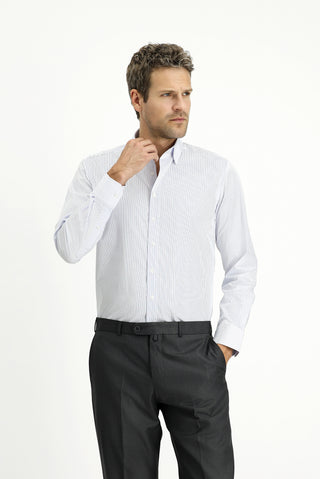  Mavi Uzun Kol Slim Fit Dar Kesim Klasik Çizgili Pamuk Gömlek