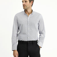 Koyu Lacivert Uzun Kol Slim Fit Dar Kesim Klasik Çizgili Pamuk Gömlek