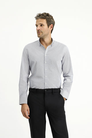  Koyu Lacivert Uzun Kol Slim Fit Dar Kesim Klasik Çizgili Pamuk Gömlek