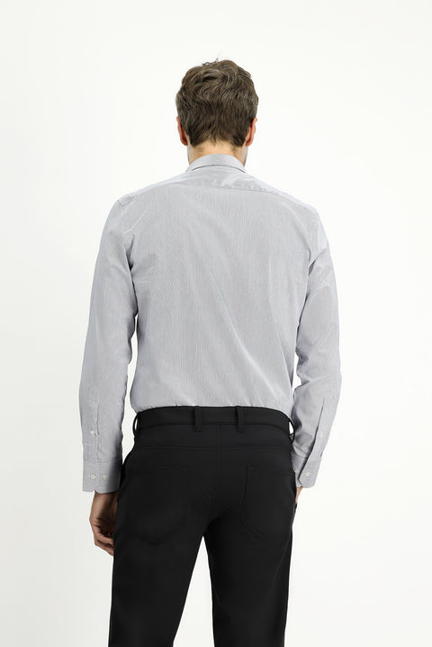 Koyu Lacivert Uzun Kol Slim Fit Dar Kesim Klasik Çizgili Pamuk Gömlek