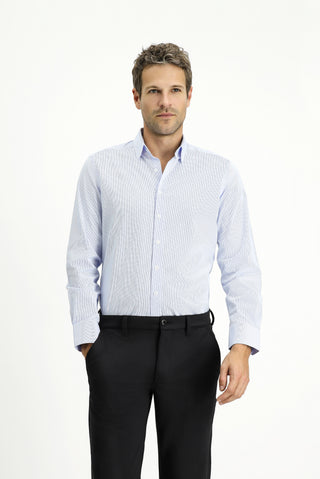  Mavi Uzun Kol Slim Fit Dar Kesim Klasik Çizgili Pamuk Gömlek