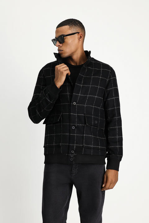 Siyah Slim Fit Dar Kesim Kareli Yünlü Bomber Ceket Mont