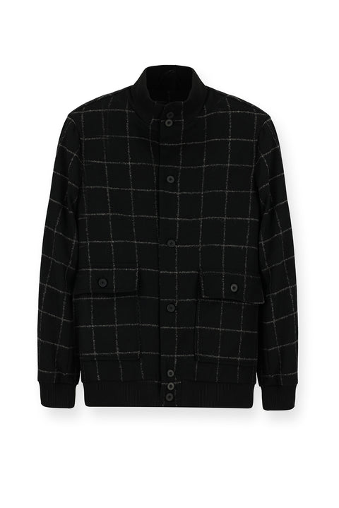 Siyah Slim Fit Dar Kesim Kareli Yünlü Bomber Ceket Mont
