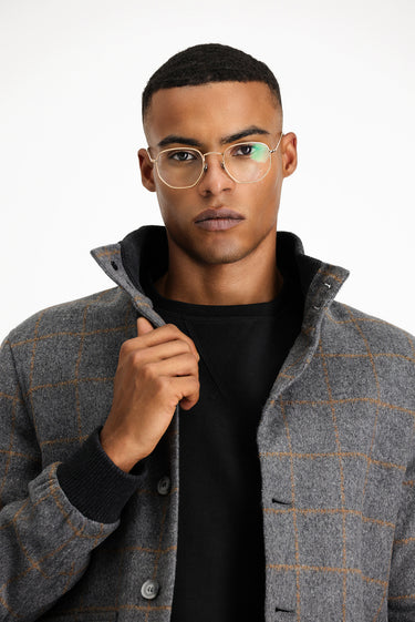 Orta Füme Slim Fit Dar Kesim Kareli Yünlü Bomber Ceket Mont