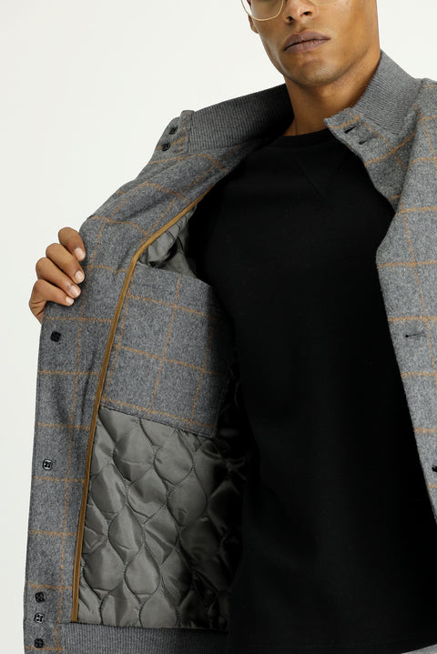 Orta Füme Slim Fit Dar Kesim Kareli Yünlü Bomber Ceket Mont