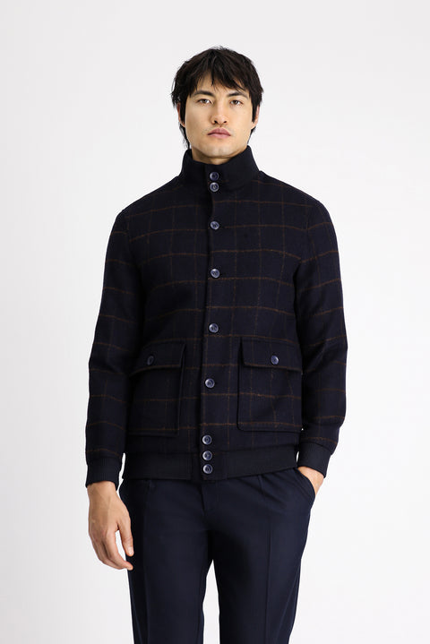 Koyu Lacivert Slim Fit Dar Kesim Kareli Yünlü Bomber Ceket Mont