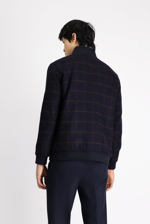 Koyu Lacivert Slim Fit Dar Kesim Kareli Yünlü Bomber Ceket Mont