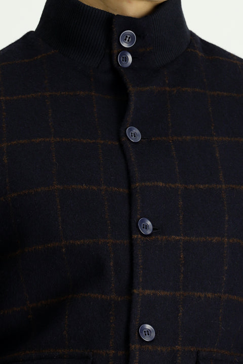 Koyu Lacivert Slim Fit Dar Kesim Kareli Yünlü Bomber Ceket Mont