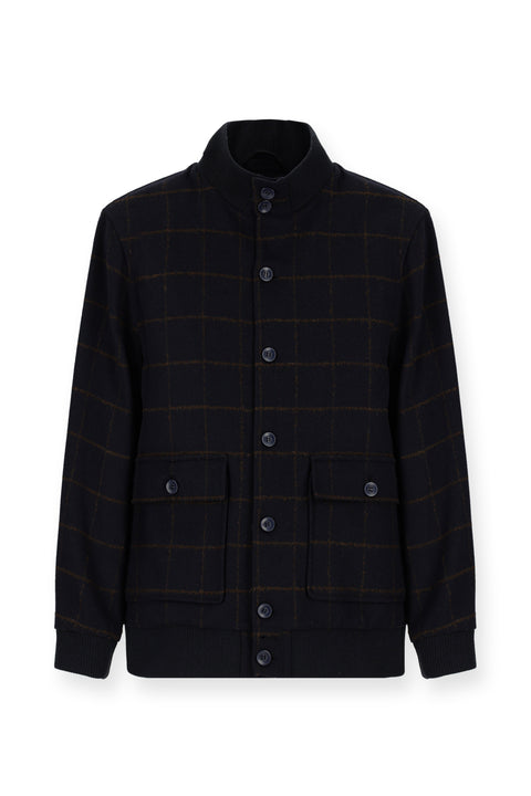 Koyu Lacivert Slim Fit Dar Kesim Kareli Yünlü Bomber Ceket Mont