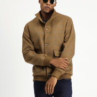 Camel Slim Fit Dar Kesim Kareli Yünlü Bomber Ceket Mont