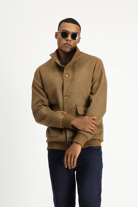 Camel Slim Fit Dar Kesim Kareli Yünlü Bomber Ceket Mont