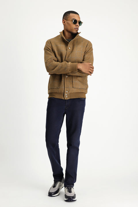 Camel Slim Fit Dar Kesim Kareli Yünlü Bomber Ceket Mont