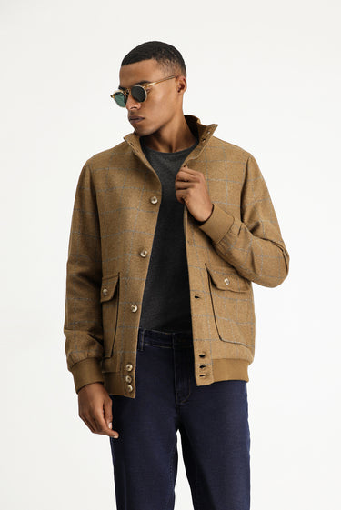 Camel Slim Fit Dar Kesim Kareli Yünlü Bomber Ceket Mont