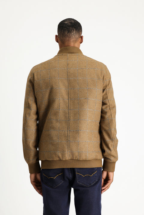 Camel Slim Fit Dar Kesim Kareli Yünlü Bomber Ceket Mont