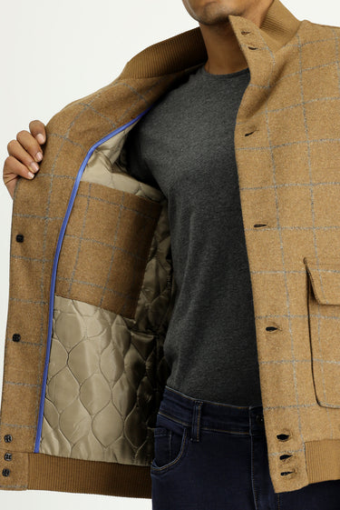 Camel Slim Fit Dar Kesim Kareli Yünlü Bomber Ceket Mont