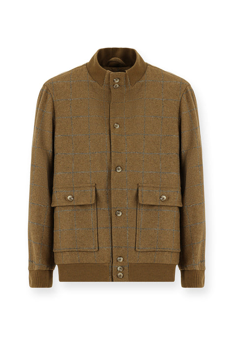 Camel Slim Fit Dar Kesim Kareli Yünlü Bomber Ceket Mont