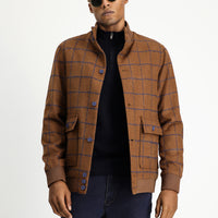 Taba Slim Fit Dar Kesim Kareli Yünlü Bomber Ceket Mont