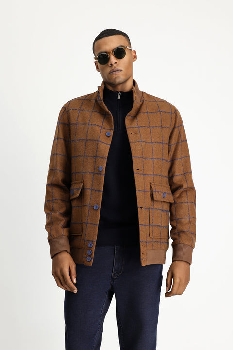 Taba Slim Fit Dar Kesim Kareli Yünlü Bomber Ceket Mont