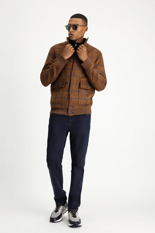  Taba Slim Fit Dar Kesim Kareli Yünlü Bomber Ceket Mont