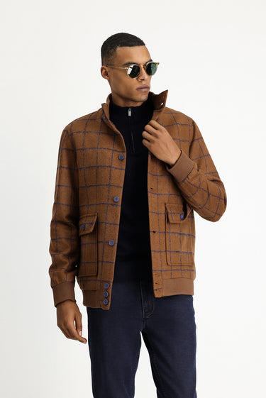 Taba Slim Fit Dar Kesim Kareli Yünlü Bomber Ceket Mont