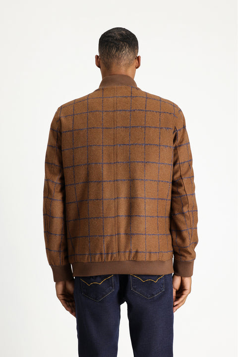 Taba Slim Fit Dar Kesim Kareli Yünlü Bomber Ceket Mont