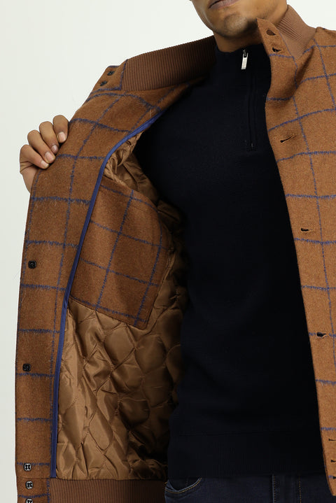 Taba Slim Fit Dar Kesim Kareli Yünlü Bomber Ceket Mont