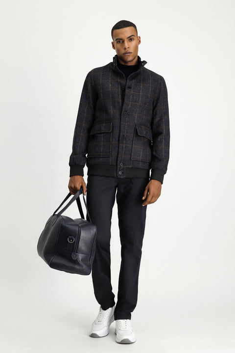 Koyu Antrasit Slim Fit Dar Kesim Kareli Yünlü Bomber Ceket Mont