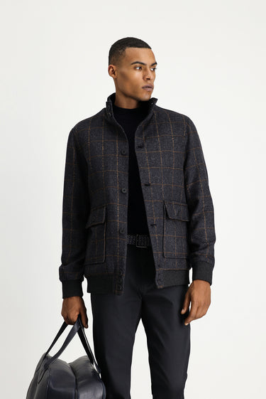 Koyu Antrasit Slim Fit Dar Kesim Kareli Yünlü Bomber Ceket Mont