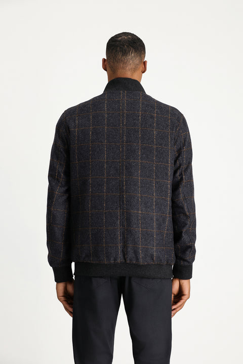 Koyu Antrasit Slim Fit Dar Kesim Kareli Yünlü Bomber Ceket Mont