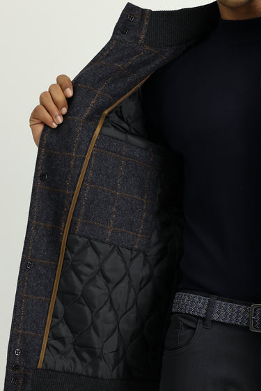 Koyu Antrasit Slim Fit Dar Kesim Kareli Yünlü Bomber Ceket Mont