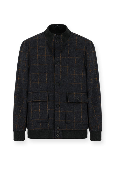 Koyu Antrasit Slim Fit Dar Kesim Kareli Yünlü Bomber Ceket Mont