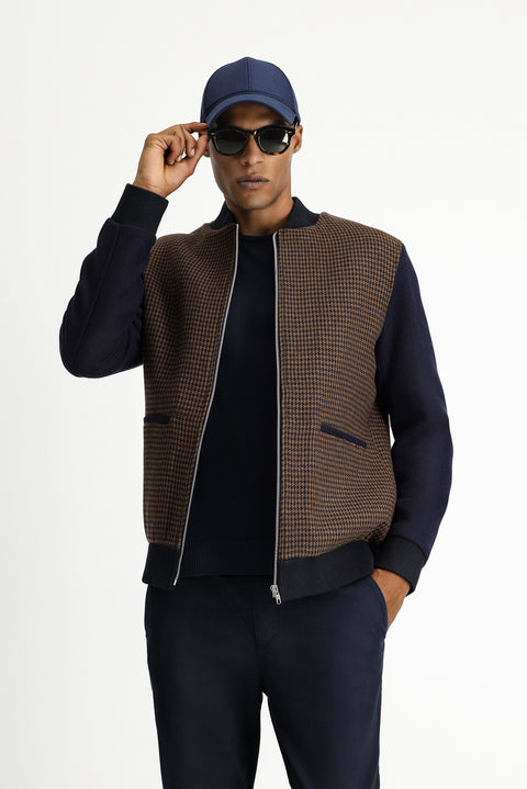 Koyu Lacivert Slim Fit Dar Kesim Kazayağı Spor Yünlü Bomber Ceket Mont