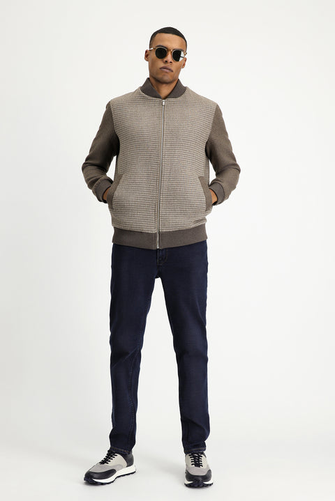 Koyu Vizon Slim Fit Dar Kesim Kazayağı Spor Yünlü Bomber Ceket Mont