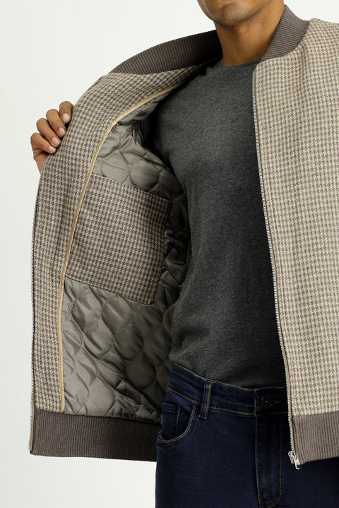 Koyu Vizon Slim Fit Dar Kesim Kazayağı Spor Yünlü Bomber Ceket Mont