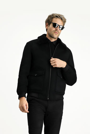 Siyah Kürk Yaka Yünlü Bomber Ceket Mont