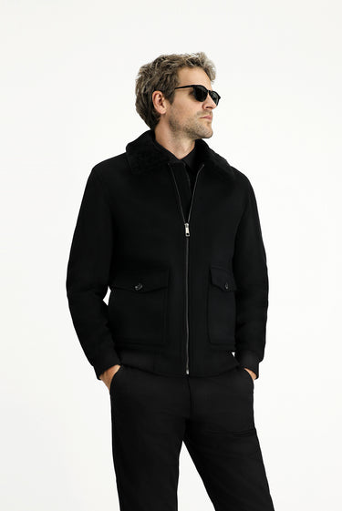 Siyah Kürk Yaka Yünlü Bomber Ceket Mont