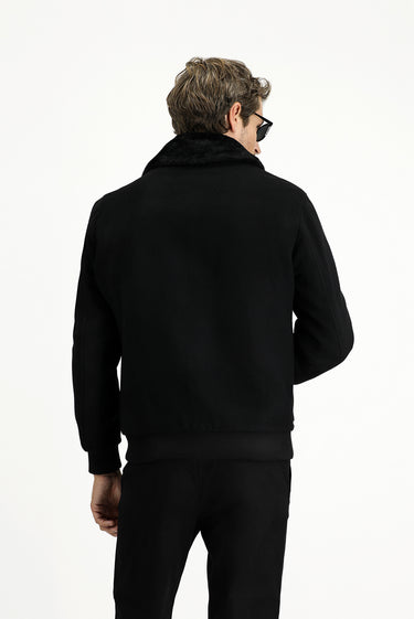 Siyah Kürk Yaka Yünlü Bomber Ceket Mont