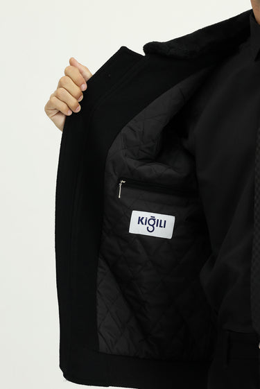 Siyah Kürk Yaka Yünlü Bomber Ceket Mont