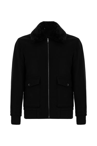 Siyah Kürk Yaka Yünlü Bomber Ceket Mont