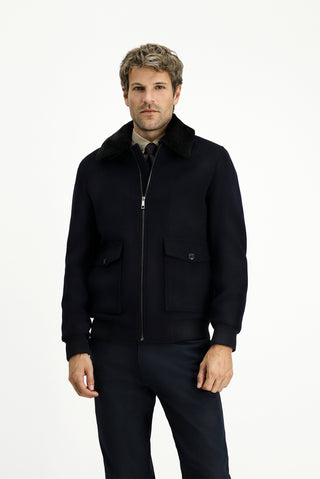  Koyu Lacivert Kürk Yaka Yünlü Bomber Ceket Mont