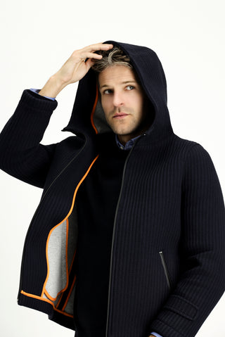  Koyu Lacivert Yünlü Kapüşonlu Örme Mont