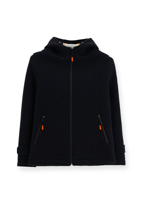 Koyu Lacivert Yünlü Kapüşonlu Örme Mont