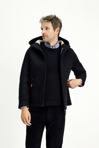  Koyu Lacivert Yünlü Kapüşonlu Örme Mont