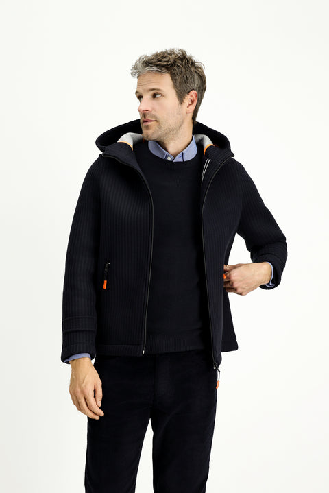 Koyu Lacivert Yünlü Kapüşonlu Örme Mont