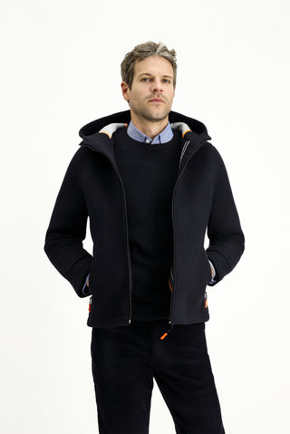  Koyu Lacivert Yünlü Kapüşonlu Örme Mont