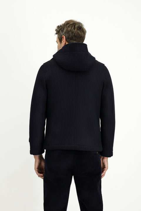 Koyu Lacivert Yünlü Kapüşonlu Örme Mont