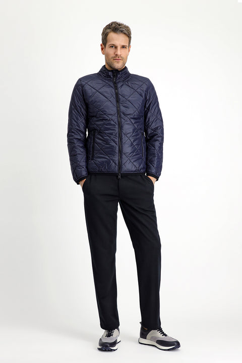Dark Navy Stand Collar Windproof Quilted Sport Jacket with Zipper and Pockets