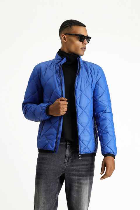 İndigo Dik Yaka Fermuarlı Cepli Rüzgar Geçirmez Kapitone Spor Mont