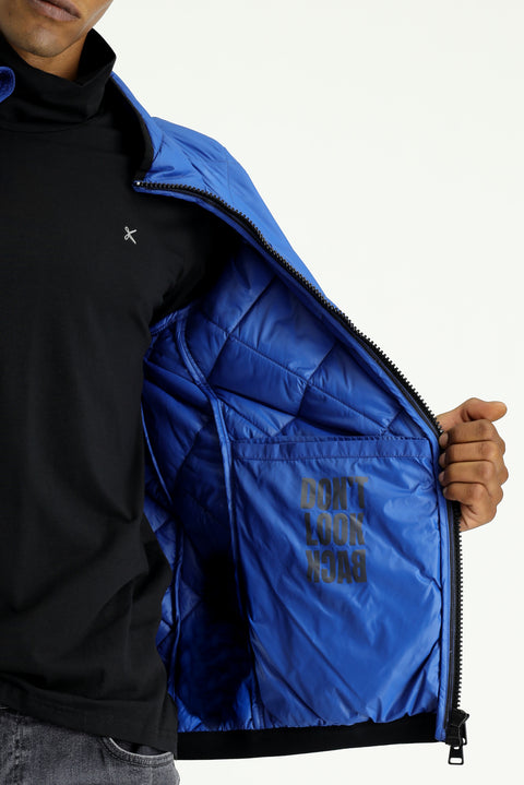 İndigo Dik Yaka Fermuarlı Cepli Rüzgar Geçirmez Kapitone Spor Mont